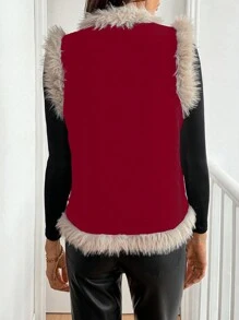 SHEIN Clasi 女士花卉拼布毛绒背心加厚棉服外套，冬季服装 - 酒紅色 - 查看 2