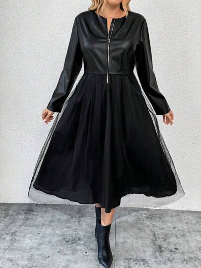 SHEIN Clasi 大码休闲时尚网眼拼接拉链长裙，秋季长款女装