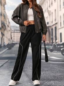 Chiquease Women's Casual PU Baseball Jacket, Spring & Autumn Fall Cloth For Women - Grey - View 3