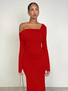 SHEIN BAE Vestido de mujer elegante de manga larga asimétrico de unicolor para otoño/invierno