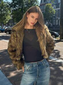 SHEIN EZwear Ladies Winter Front Open Short Fluffy Jacket - Rust Brown - View 4