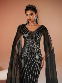 SHEIN Belle Elegante y hermoso vestido largo de gasa con cuello en V, con mangas largas, con diseño de flores de lentejuelas negras de lujo, apropiado para bodas, eventos, fiestas, ceremonias de graduación, cenas de gala (estilo de industria pesada), vestido de invitada de boda, vestido de noche formal - Negro - Ver 2