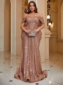 UNITHORSE Plus Size Off Shoulder Criss-Cross Backless High Waisted Ruched Mermaid Sequin Floor Length Prom Dress - Coffee Brown - View 4