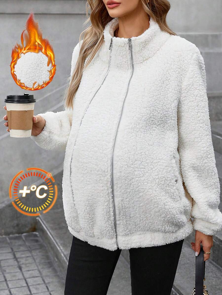 SHEIN Maternity 3-In-1 Teddy Fleece Double Zipper Jacket For Pregnant Women, Winter Warm Coat