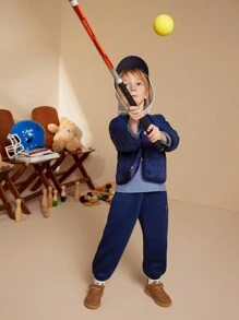 PrepCrw Young Boys Academy Style Navy Blue Knit Hoodie, 2 In 1 Long Sleeve Padded Coat, Back To School Coats - Blue - View 10