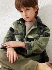 Blossori 小男孩格子落肩宽松泰迪毛边口袋夹克，秋冬 - 綠色 - 查看 8