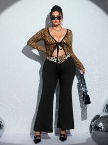 SHEIN ICON Pantalones acampanados de talla grande para mujer ICON con cintura en forma de V, color negro