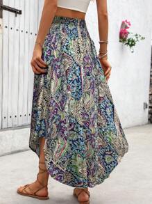Breezaya 女士夏季度假佩斯利印花随机剪裁下摆长裙，适合度假、海滩和秋季穿着 - 藍色 - 查看 2
