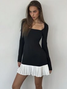 Aloruh 女士现代时尚黑白对比褶皱紧身优雅迷你连衣裙，适合外出 - 黑與白 - 查看 5