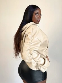 BamGleam Women Oversized Apricot Color Sweatshirt With Ruched Lantern Sleeves Pullover Fall - Apricot - View 5