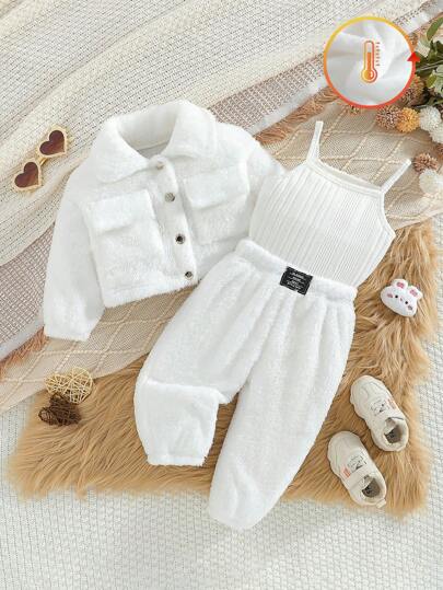 SHEIN Playful Pals 3pcs Baby Girls' Autumn/Winter Set: Turndown Collar Utility Jacket, Solid Color Tank Top, And Long Pants, Suitable For Outdoor Daily Wear Baby Girl Winter Sets