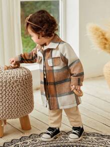 SHEIN Babygir 3 件套：黄色格纹休闲衬衫、纹理夹克、配套裤子，适合秋季和户外的保暖服装 - 卡其色 - 查看 7
