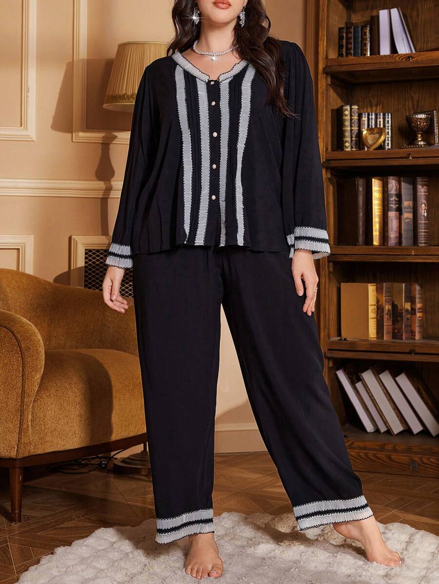 PalaceNights 2 piezas Conjunto de pijama de talla grande con pantalón, cuello en V, manga larga, pliegues y ribete de volantes en contraste de color