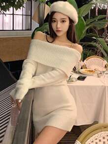 DAZY 女士纯色露肩长袖优雅毛衣连衣裙，秋冬露肩 - 米色 - 查看 8