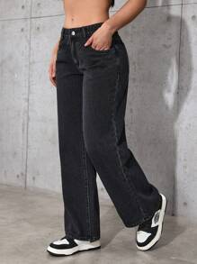 SHEIN PETITE Quần jeans ống đứng đơn giản, màu trơn, túi xéo, thoải mái, phù hợp với mọi hoạt động thường ngày dành cho nữ, mùa xuân thu - màu đen - Xem 4