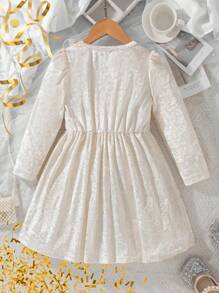 Robe A-line en velours col rond pour jeune fille, manches longues. Tenue de fête haut de gamme et élégante pour occasion spéciale. Assortiment mère-fille. Couleurs abricot et champagne pour l'automne/hiver - Champagne - Voir 2