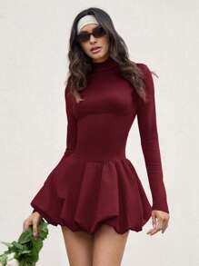 SHEIN X ELOISA & ORSON COSMINA Vestido mini de manga larga y cuello alto fruncido de color sólido simple para mujer