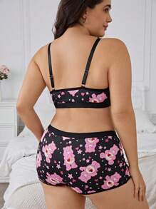 SHEIN X Care Bears Plus Size Black & Pink Sexy & Comfy Bikini Bra And Panty Underwear Set, Kawaii