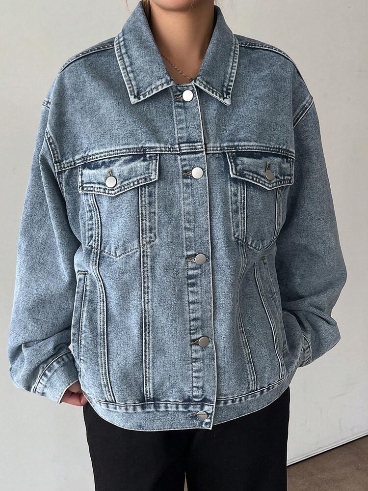 Women's Casual Loose Fit Single-Breasted Denim Jacket For Autumn,Back To School Clothes