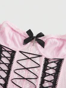 ROMWE Kawaii Women's Punk Style Bow Decor Criss-Cross Spaghetti Strap Lace Camisole Corset Top Graphic Tees Women Tops - Pink - View 2