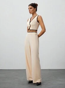 SHEIN Tall Retro Women's Suit With Contrasting Colors, Outer Suit Suit, Early Autumn Clothing - Khaki - View 3