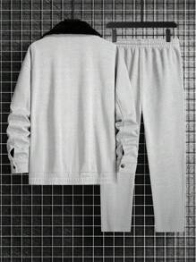 Manfinity Homme 男士纯色拼布前拉链口袋简约长袖上衣和裤子套装 - 灰色 - 查看 2