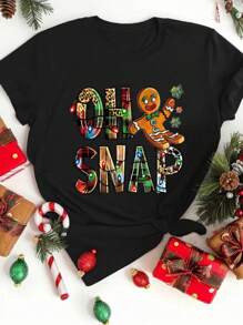 Chiquease Christmas Casual Letter Print Slim Fit Short Sleeve T-Shirt Graphic Tees Women Tops - Black - View 1