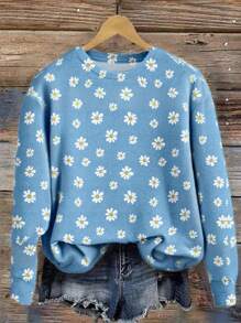 SHEIN LUNE Áo nỉ trùm đầu rộng rãi cổ tròn tay dài họa tiết hoa màu xanh tối giản giản dị dành cho nữ, thích hợp cho mùa hè - Nhiều màu - Xem 5