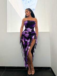 SHEIN SXY 夏季蝴蝶印花飘逸荷叶边露背高开叉紧身连衣裙度假装女装 - 紫色 - 查看 6