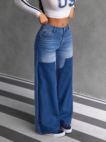 SHEIN EZwear Women's Fashionable Distressed Two-Tone Patchwork Wide Leg Jeans - Blue - View 3