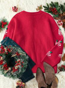 Flirla Plus Size Women's Crew Neck Christmas Handmade Pom Pom Sweater Knit Pullover Fall Winter - Red - View 2