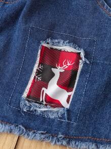 SHEIN Baby Girl Christmas & New Year Floral Deer Pattern Cute Bodysuit & Denim Skirt Fashion Outfit, Autumn/Winter - Red - View 7