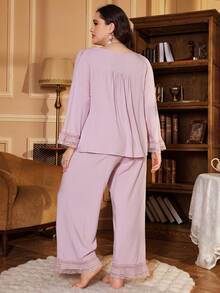 Plus Size Lace Trim Accordion Pleat Open Front Collared Long Sleeve Pajama Set - Dusty Pink - View 2