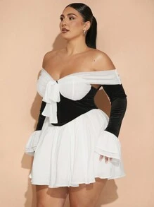 SHEIN BAE 加大码优雅派对甜美性感女式天鹅绒黑白块缝线胸部蝴蝶结露肩单肩长袖腰部 A 字迷你连衣裙圣诞装派对装生日派对装女士生日装派对礼服女士加大码正式礼服鸡尾酒会礼服婚礼宾客礼服女士礼服女士优雅晚礼服返校节礼服加大码，适合冬季 - 黑與白 - 查看 4