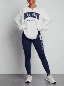 SHEIN PETITE Sudadera con gráfico de letras de primavera y hombros caídos y leggings rojos - Azul Marino - Ver 5