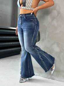 SHEIN ICON Quần jeans ống loe co giãn màu xanh dương cỡ lớn, kiểu dáng Y2K mùa thu đông, phong cách retro dành cho nữ. - Rửa trung bình - Xem 5