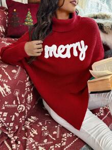 Calvaya 大码字母印花不对称下摆高领长袖毛衣