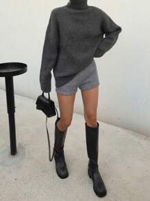 DAZY Women's Solid Color Loose Fit Turtleneck Long Sleeve Knit Sweater,Fall Women Clothes - Dark Grey - View 4