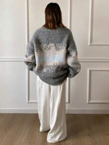 DAZY Letter Jacquard Knit Loose Crew Neck Sweater For Women,Fall Women Clothes - Grey - View 2