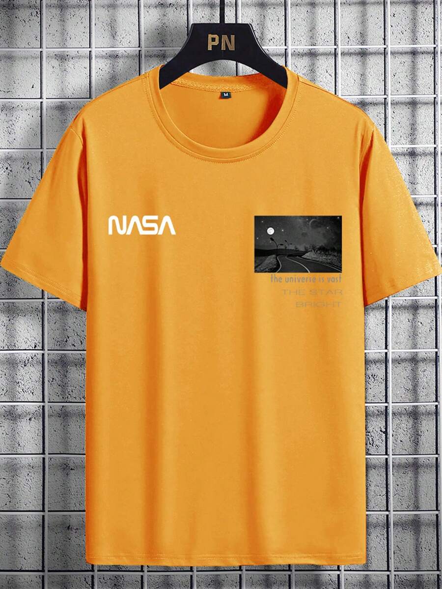 Manfinity Homme Áo thun nam cổ tròn tay ngắn in họa tiết thường ngày - Màu vàng - Xem 1