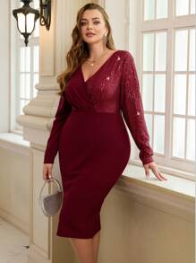 SHEIN Clasi Elegantes Paillettenkleid in Große Größen, figurbetonter Schnitt, für Herbst/Winter, Weihnachtsfeier Kleid - Bordeaux - Übersicht 6
