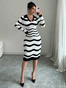 Elenzga فستان كنزة بأكمام طويلة مريح للاستخدام اليومي ذو طباعة مخطط - الأسود - مشاهدة 1