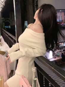 DAZY 女士纯色露肩长袖优雅毛衣连衣裙，秋冬露肩 - 米色 - 查看 5