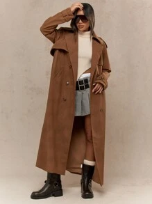 MISSGUIDED Classic Oversized Double-Breasted Suede Trench Coat With Belt Long Jacket Windbreaker Fall Winter Outerwear Daily Office Wear - Brown - View 4