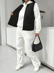 SHEIN Essnce 女士纯色圆领拉链背心，秋冬，秋季女士，秋季服装，秋季女士服装，冬季服装，拉链夹克， - 黑色 - 查看 5