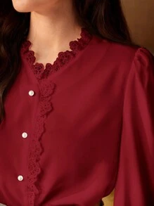 Vintamour Vintage Elegant Women's Shirt With Lace Patchwork, V-Neck Long Flare Sleeve Work Back To School Fall Blouse, Fall Teacher Winter Vintage Long Sleeve Shirt, Button Down Shirt Thanksgiving - Burgundy - View 8