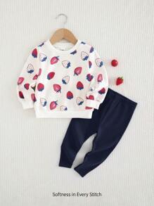 Cozy Pixies 2 件装女婴草莓图案针织柔软圆领长袖连帽衫和裤子套装 - 彩色 - 查看 5