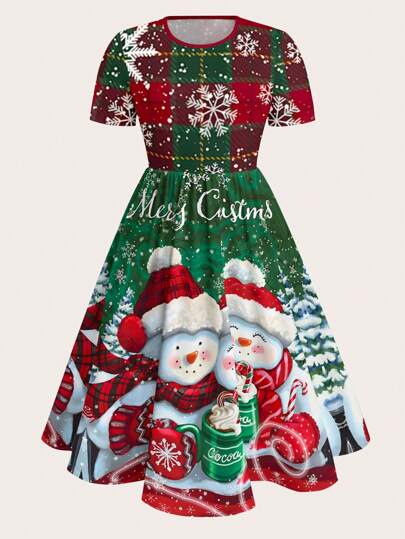 SHEIN LUNE Plus Size Women's Merry Christmas Contrast Snowman Print Short Sleeve Crew Neck Flared Dress, Vintage Christmas Party Clothes Maxi Women Outfit