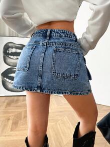 SHEIN EZwear Women's Daily Wear Date Night Washed Cargo Denim Mini Skirts