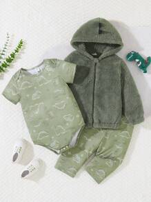 3pcs Baby Boys Outfit Set, Includes Dinosaur Print Romper, Flannel Jacket And Matching Pants, Comfortable, Practical And Fashionable For All Seasons